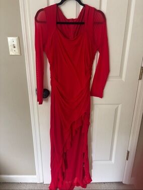 Red Long Sleeve Ruffled Evening Dress
